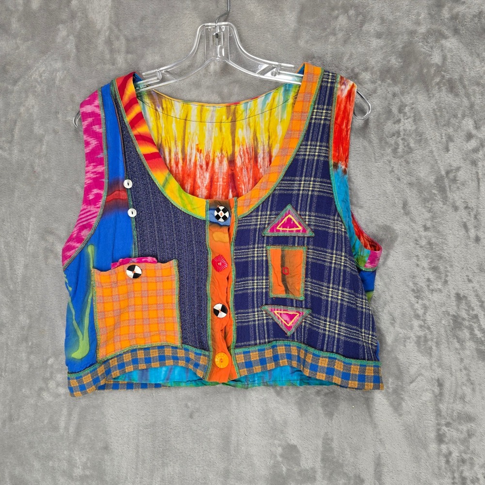 Patchwork Vest Women XL Multicolor Art to Wear Plaid Tie Dye Boho Festival Retro